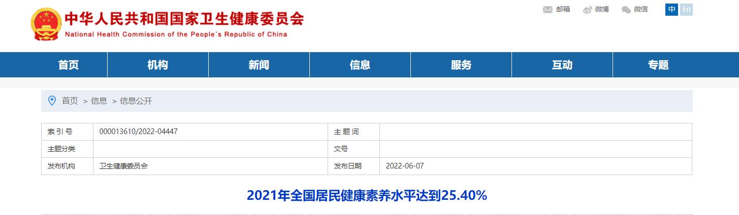 国家卫健委：2021年全国居民健康素养水平达到25.40%